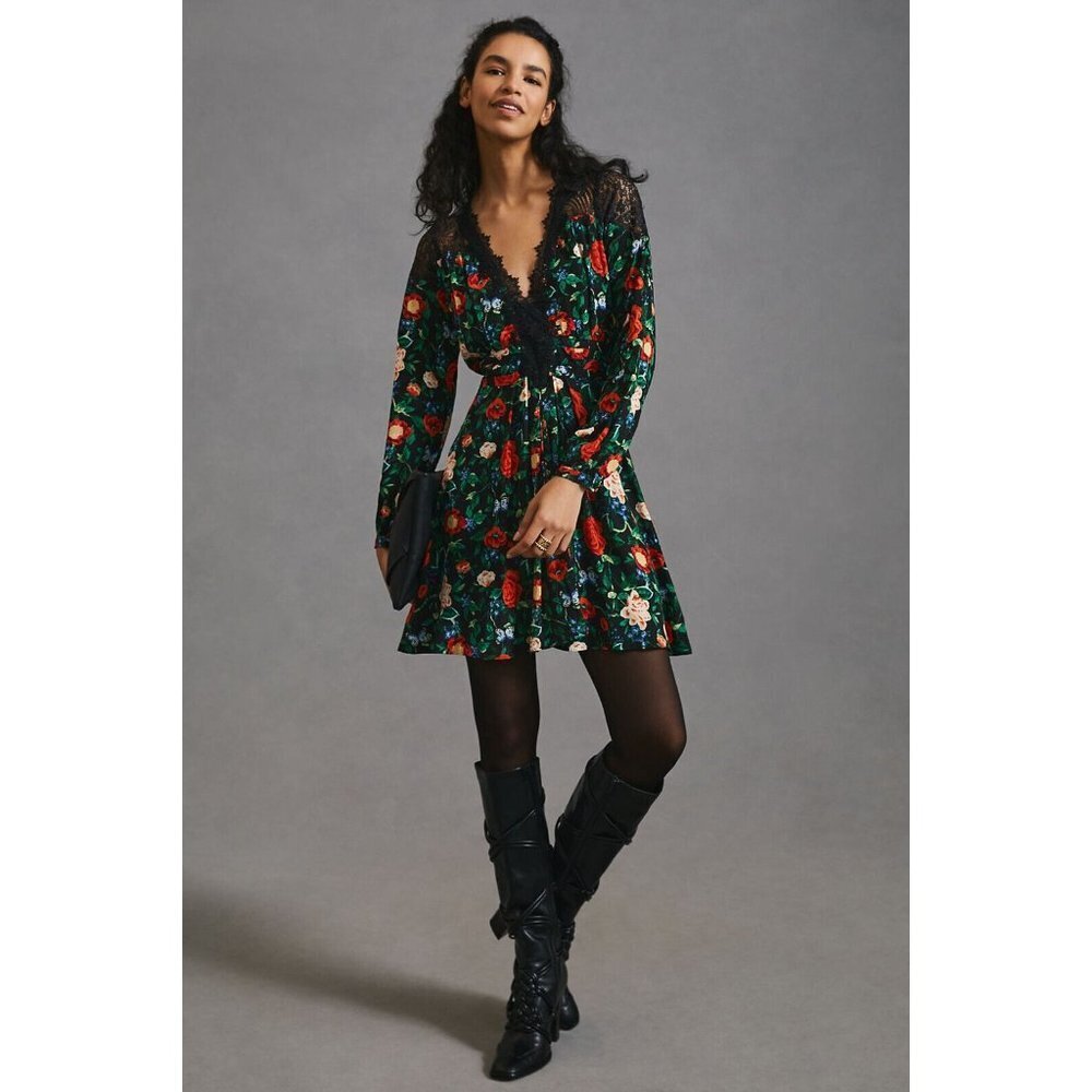 NWT Anthropologie Lacy V-Neck Mini Dress 2 Black Floral Long Sleeve Fit & Flare - Picture 3 of 12